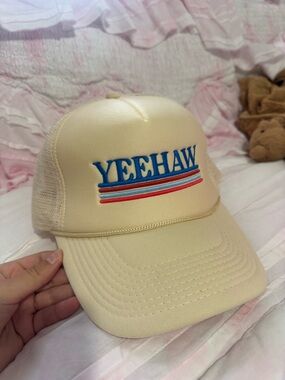 YEEHAW Embroidered Trucker Hat in Cream with Red & Blue Stripes